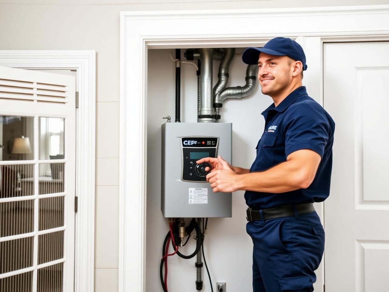 Trust 1 Services licensed technician servicing a heating system in a Quincy, MA home